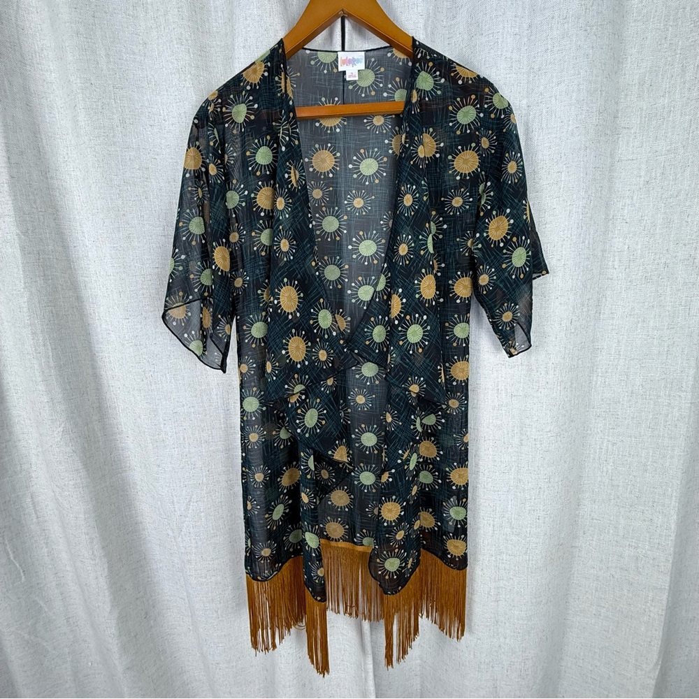 LuLaRoe Cover Up Kimono Cardigan Womens Small Multicolor Duster With Gold Fringe